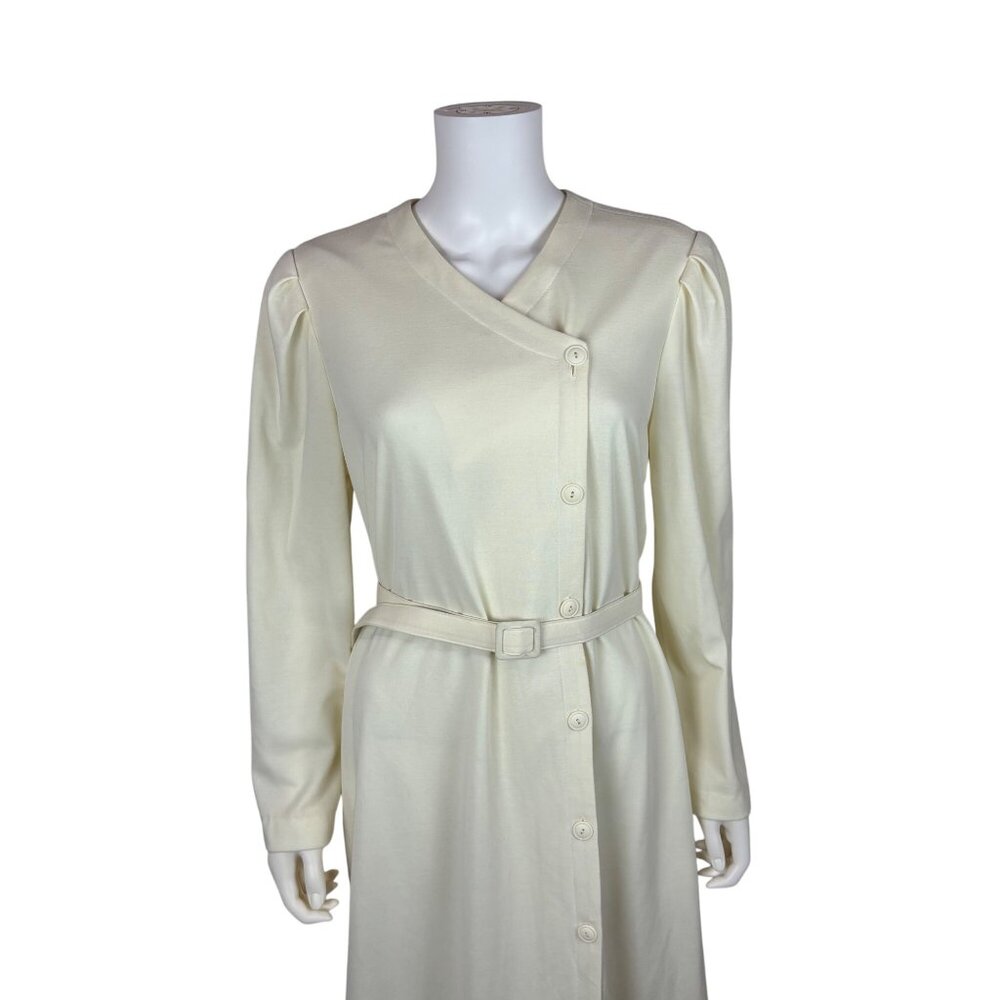 Vintage 80s Asymmetrical Dress Womens XL Cream Long Sleeve Belted Long Sleeve Po - Picture 3 of 11